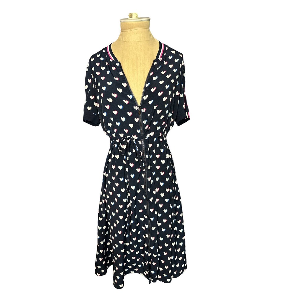 T.Zhodi Navy Heart Print Shirt Dress Short Sleeves Size Medium